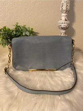 Anne Klein Pale Blue Lizard-Embossed Crossbody with Gold Hardware